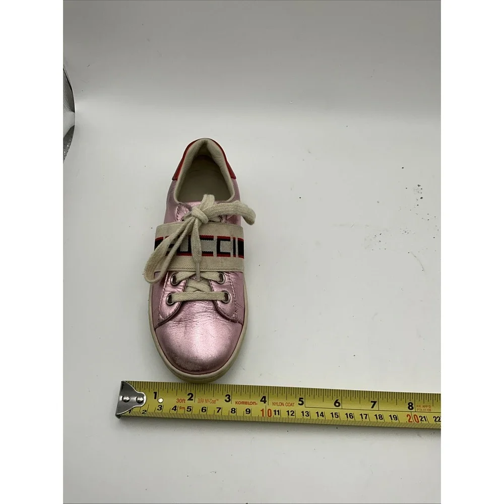 Gucci Ace Kids Pink Metallic Leather Sneakers Web Stripe EU 28 Italy